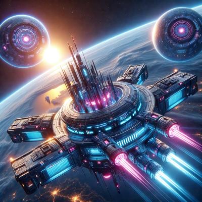 The primary subject of the image is a futuristic space station with a large, circular structure. The setting is a space environment, with the space station floating in the background. The visual style is digital art, as the image is a computer-generated illustration. The colors and mood of the image are predominantly blue and pink, giving it a vibrant and energetic atmosphere.